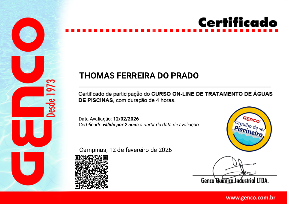 Certificado GENCO - Tratamento de Águas de Piscinas