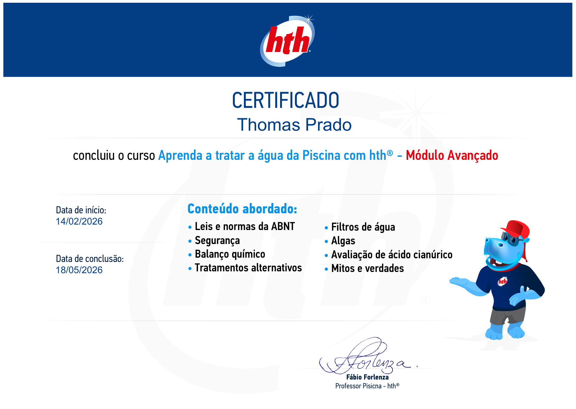 Certificado HTH - Tratamento da Água - Módulo Avançado