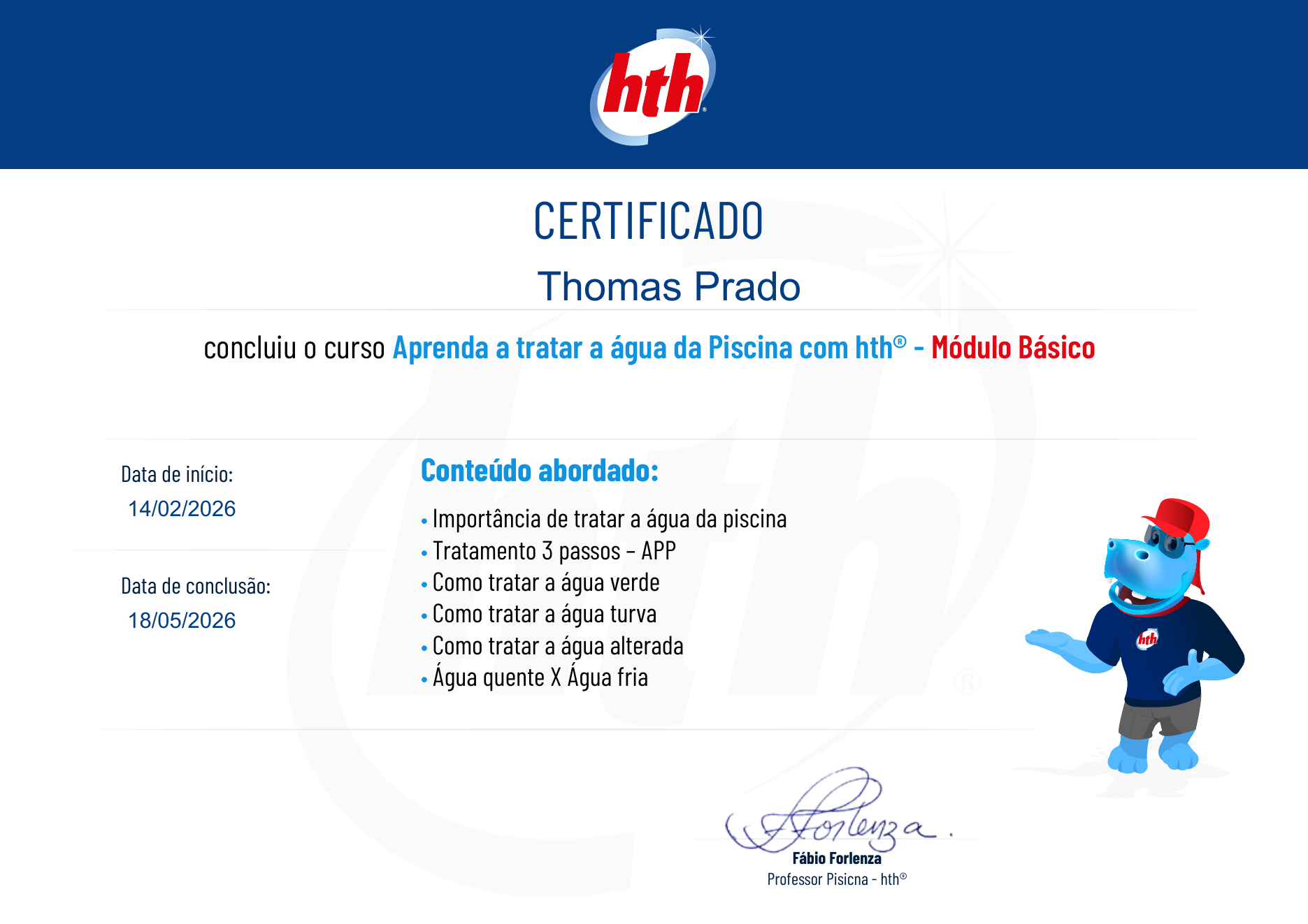 Certificado HTH - Tratamento da Água - Módulo Básico