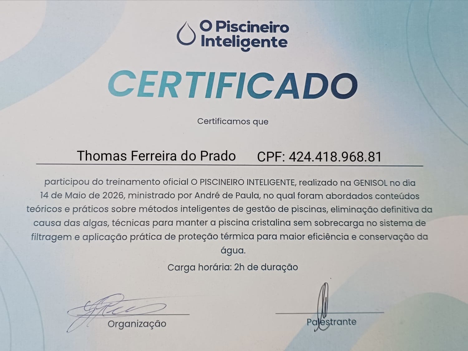 Certificado O PISCINEIRO INTELIGENTE - Gestão e Tratamento de Piscinas